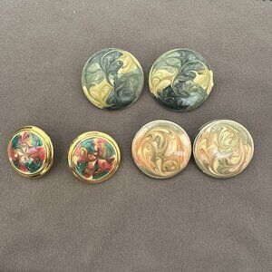 Lot Of 3 Vintage Earrings Swirled Painted Goldtone 1980s